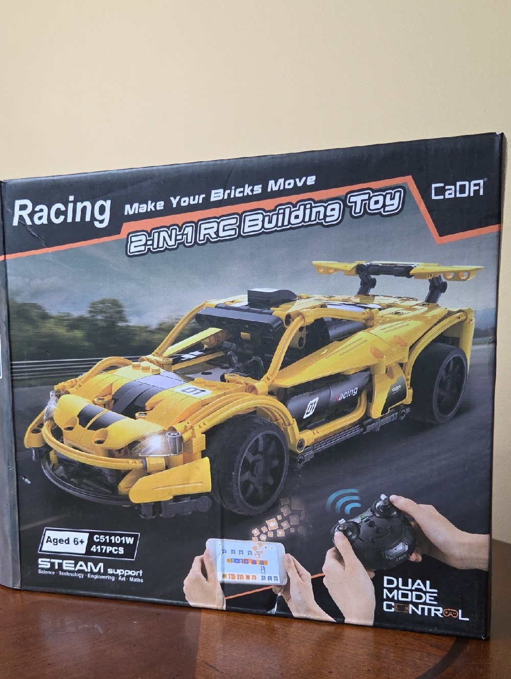 CaDFi YELLOW RACECAR Build Your Own Bricks 2-in-1 RC Remote NEW Working Lights!